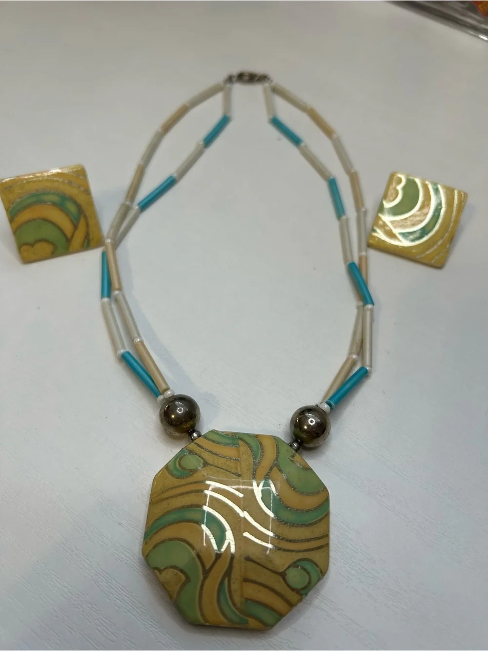 Handcrafted Green and Gold Octagon Pendant Necklace by